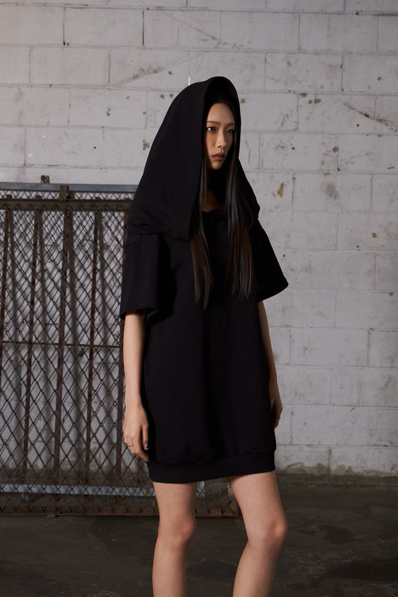 2Way Big Hood Off-Shoulder Mini Dress - Black