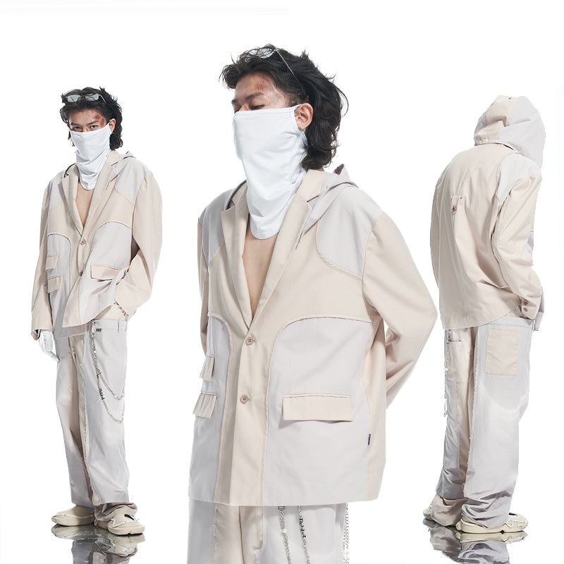 RELABEL(リレーベル)の「RELABEL Light Khaki Woven Patchwork Detachable Hooded Multi-Pocket Asymmetrical Loose Suit(Jackets/Outerwear)」