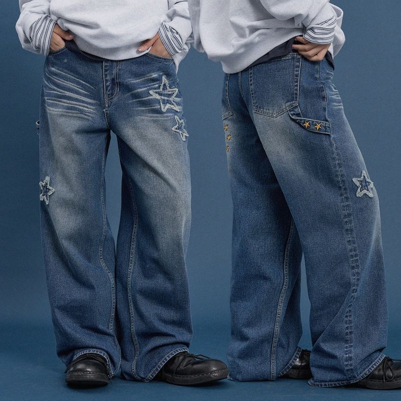 Star Applique Embroidery Denim Pants