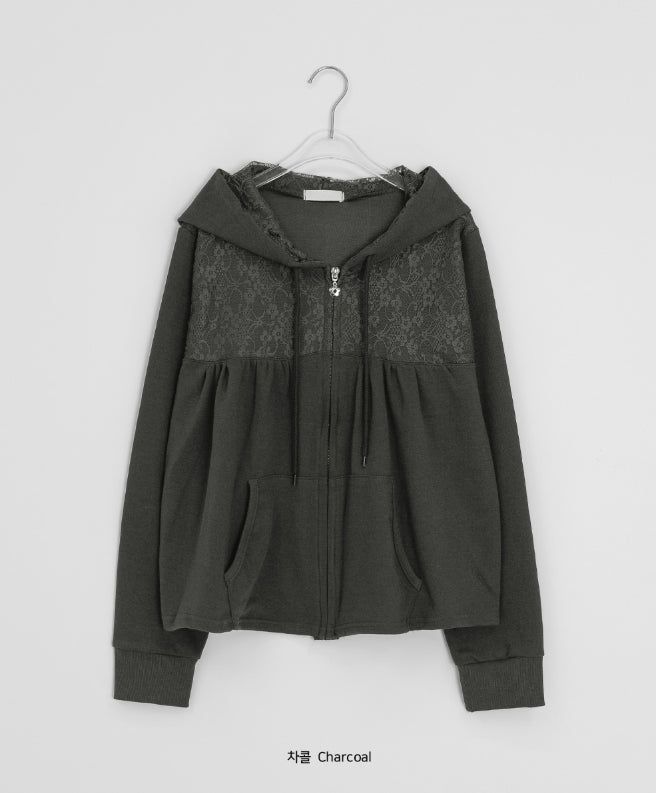 Sigyu Flower Lace Shirring Hood Zip-up