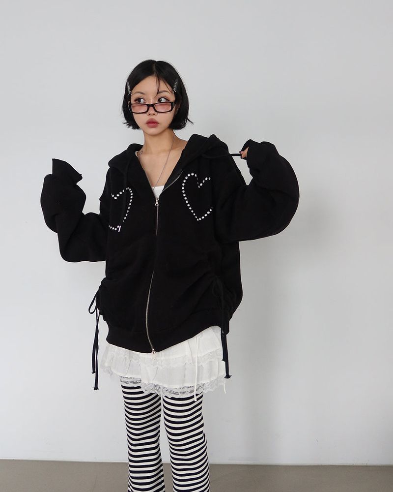 Wool napping heart wrinkle shirring hooded zip-up