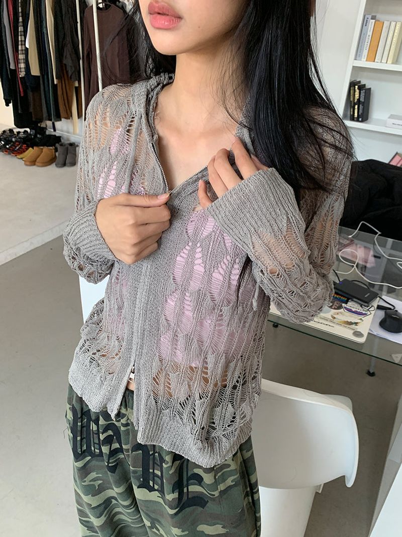 NET SEE-THROUGH KNIT HOOD ZIP-UP
