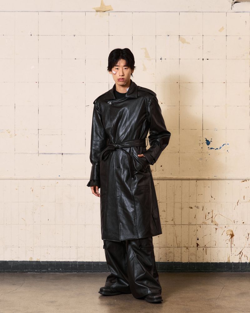 Curved Leather Trench coat (Black)