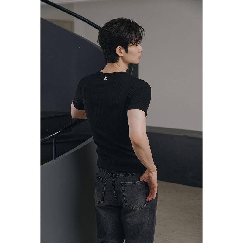 High ribbed henry neck half sleeves(Black)