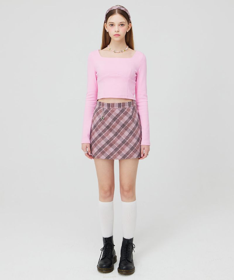 SQUARE NECK LONG SLEEVE CROP TOP _ PINK