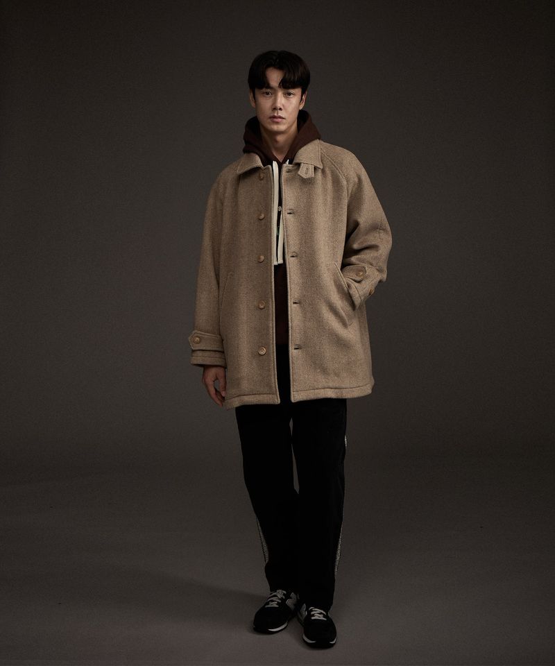 BALMACAAN HERRINGBONE WOOL CASHMERE HALF COAT BEIGE