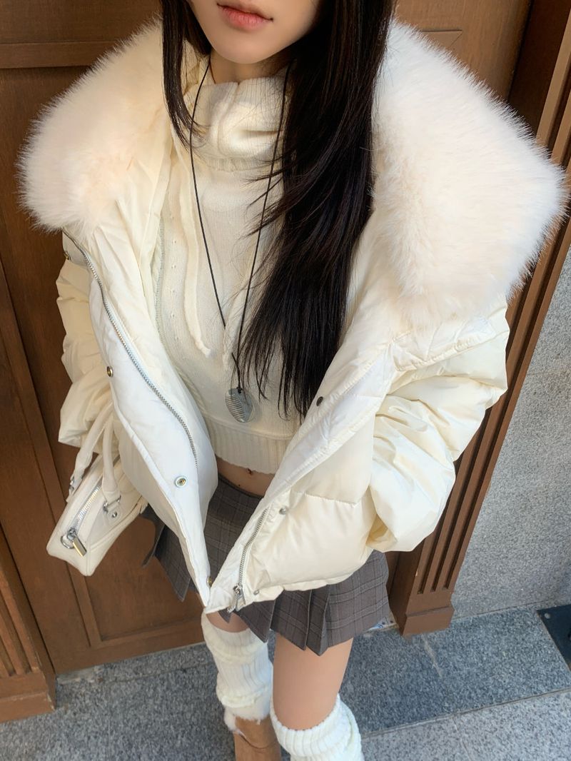 Ice Bloom Fur-Collar Duck Down Short Puffer