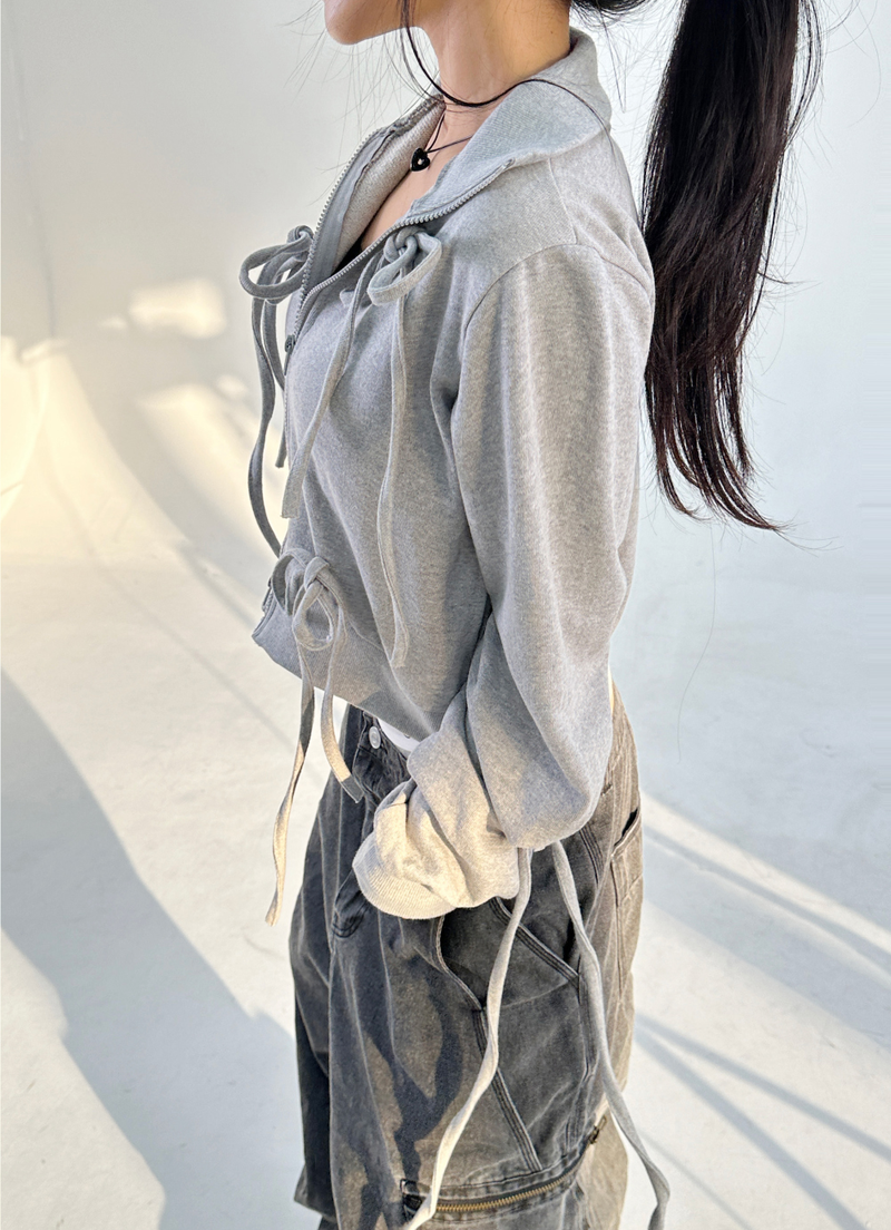 BOW HIGH-NECK HOOD ZIP-UP🖤🩶 - 2 COLORS