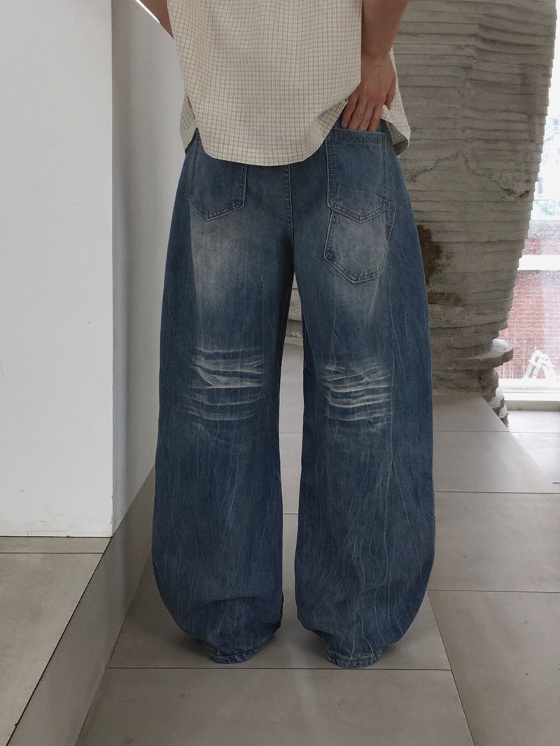 Bleached Crack Wide Denim Pants (Light Blue)