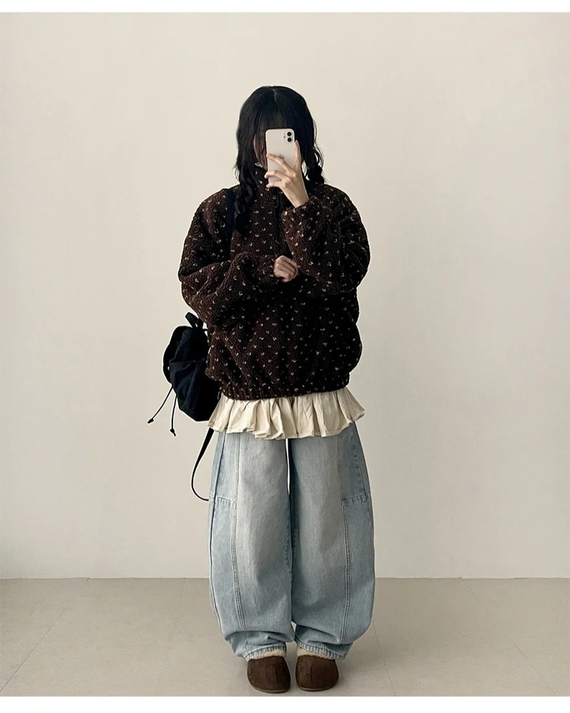 Marie Heart Dot Pattern Fleece High Neck Half Zip Up