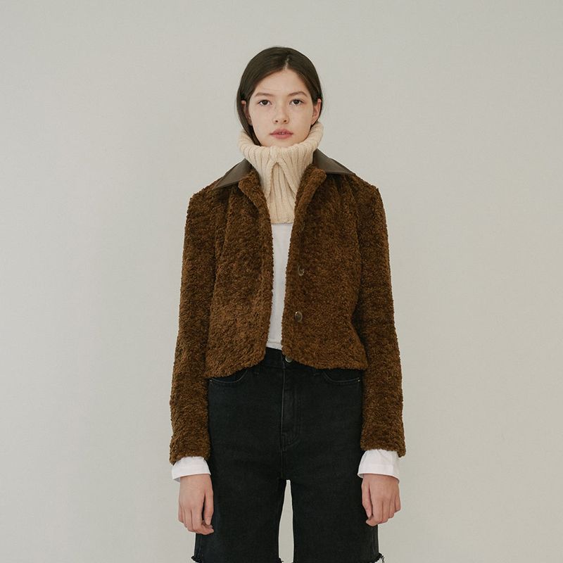 LEATHER COLLARED FLEECE JACKET (BROWN)