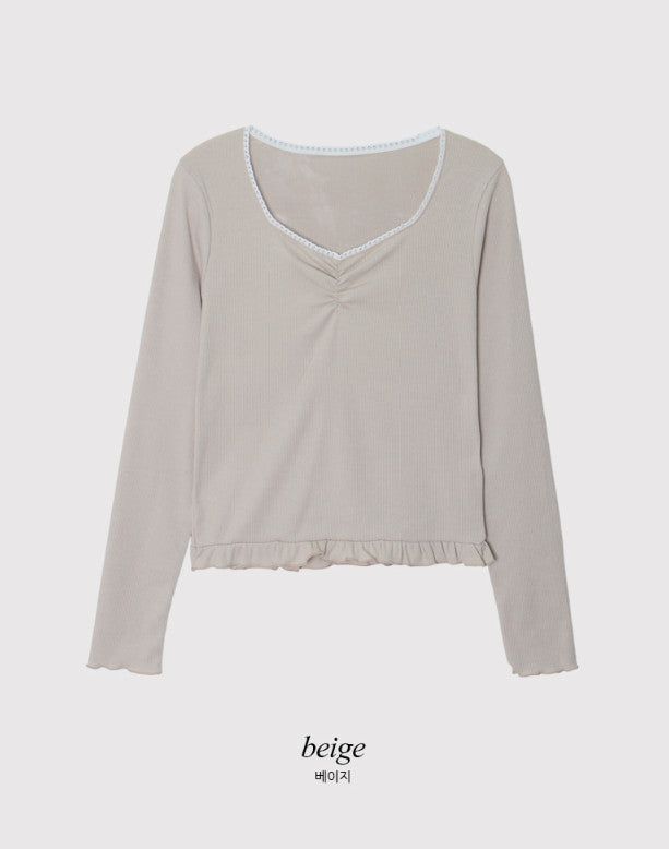 Lua Shirring Lace Frill Rib T-Shirt (4color)