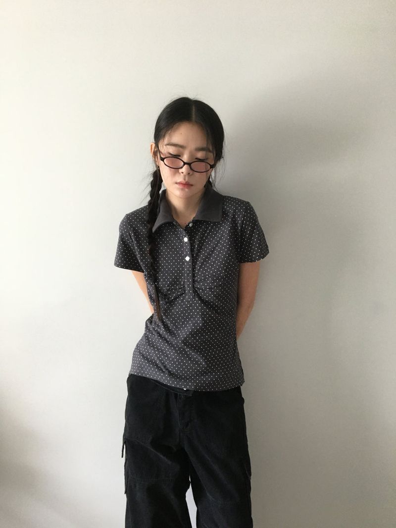 Shirring Dot Collar T-Shirt (3color)