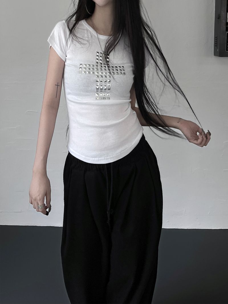 metallic cross stud short sleeve (3color)
