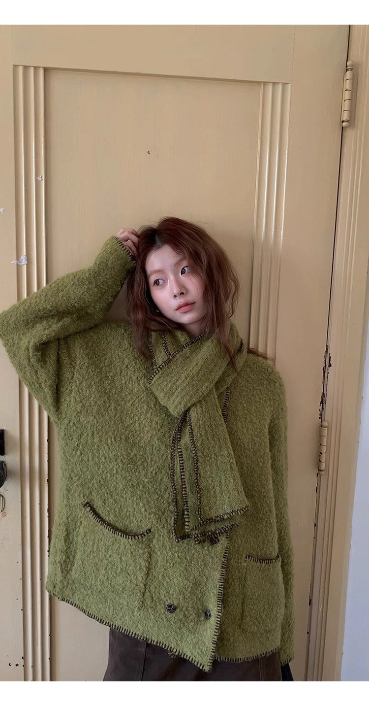 Green tea wool muffler knit cardigan