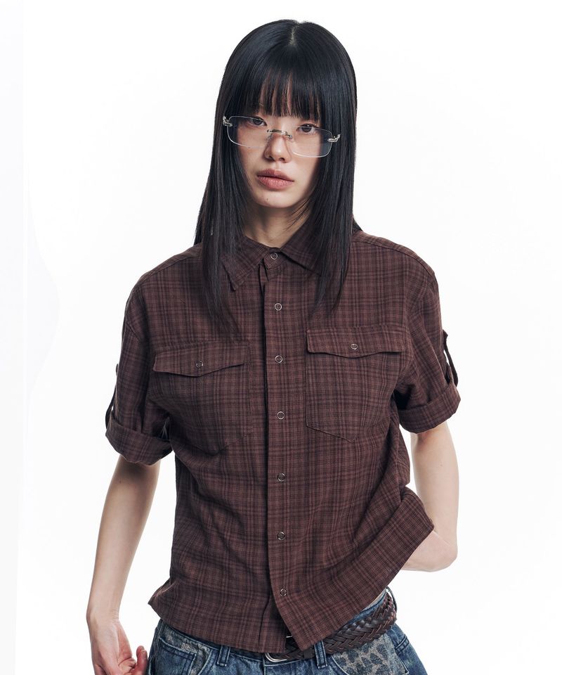 Texture Crop Roll-Up Check Short Sleeve Shirt - Brown