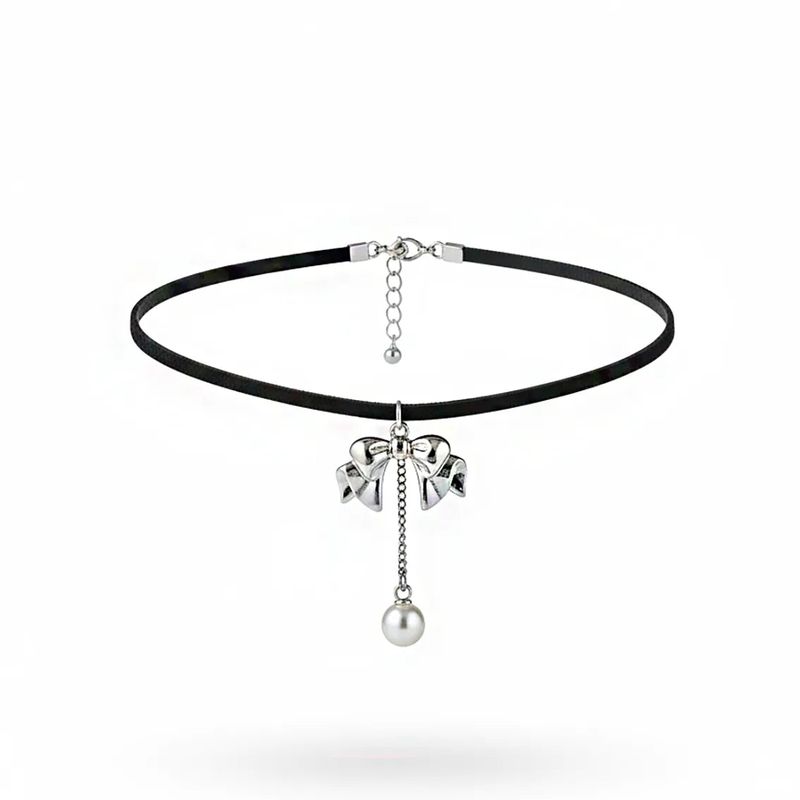 [IVE Wonyoung Necklace] Romantic bow and pearl drop choker - Silver Color