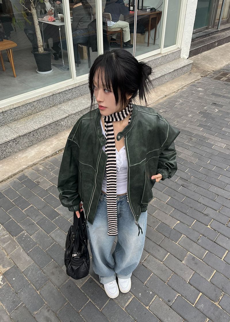 NON COLLAR LEATHER JACKET