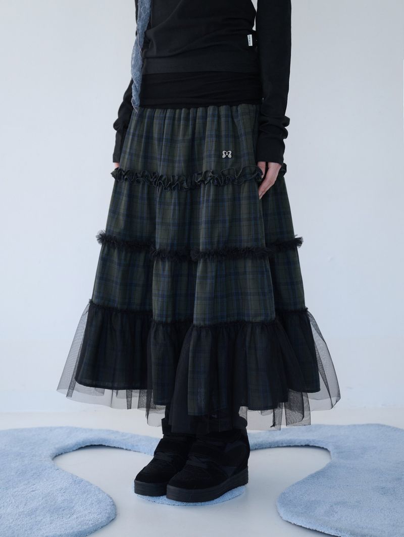 FOLDED CHECK FRILL MESH SK KHAKI