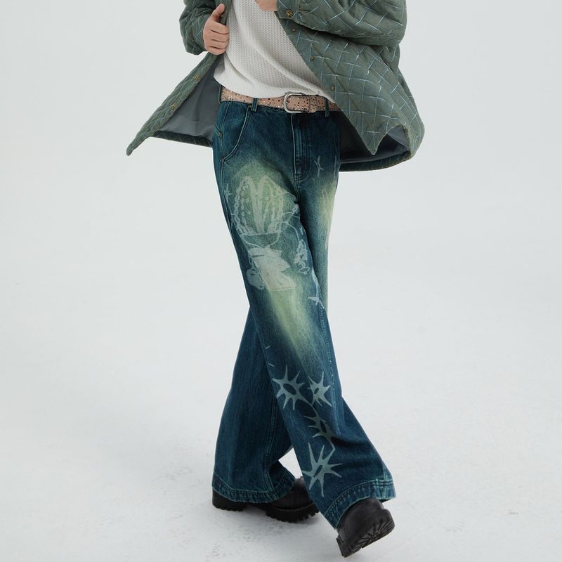 CONFUN（コンファン）の「Cotton fountain pattern burnout contrast color washed straight jeans trousers（Pants）」