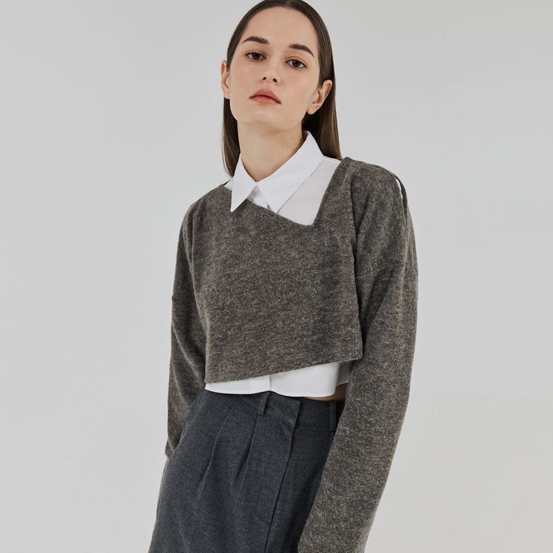 CUT OUT 2-WAY WOOL CROP TOP (BROWNGRAY)