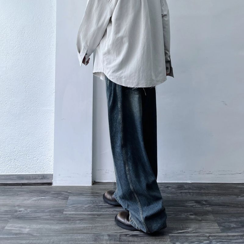 Curved Striped Washed Denim Trousers
