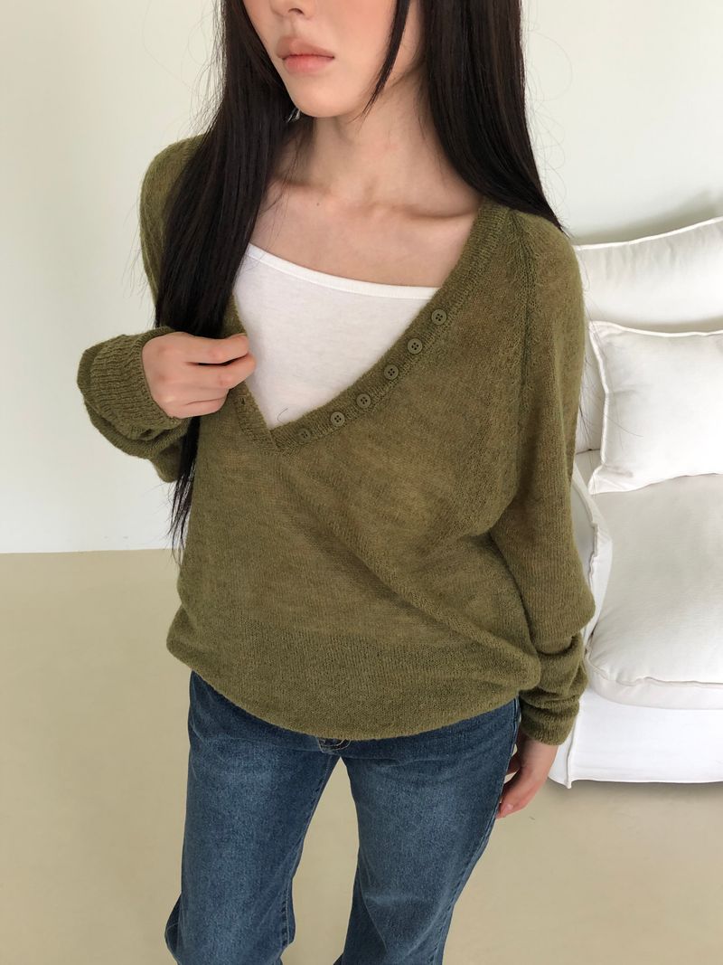 Diang Deep V-Neck Button Mohair Long-Sleeve Knit