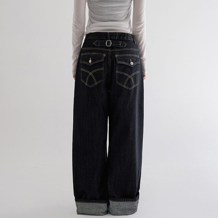 [MADE] [Dafrun] Back Adjuster Hip Pocket Roll-Up Raw Denim Pants - 2 Colors
