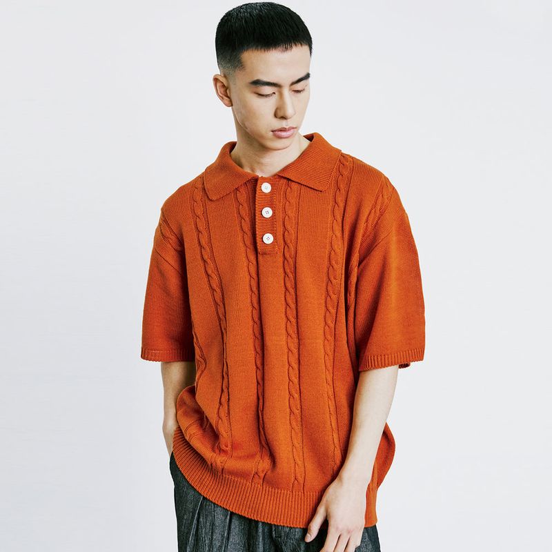 KND（ケイエンド）の「CHAIN CABLE COLLAR HALF KNIT ORANGE（Tops）」