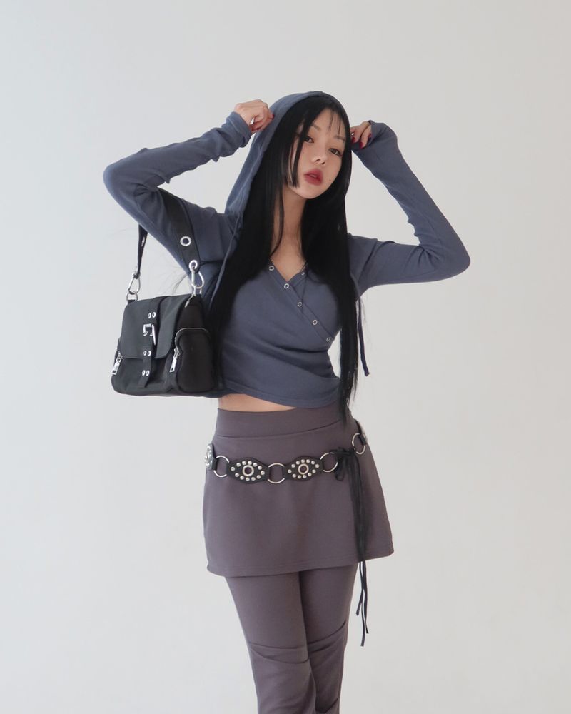 Hood Diagonal Snap Button Wrap T-Shirt