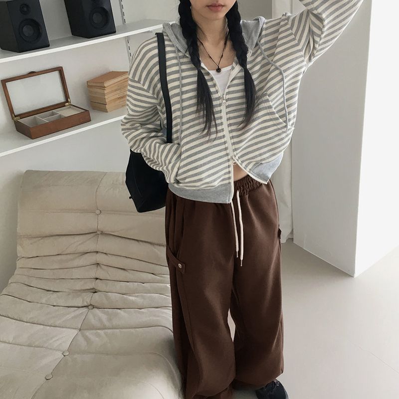 Ternet color striped two-way waffle hood zip-up