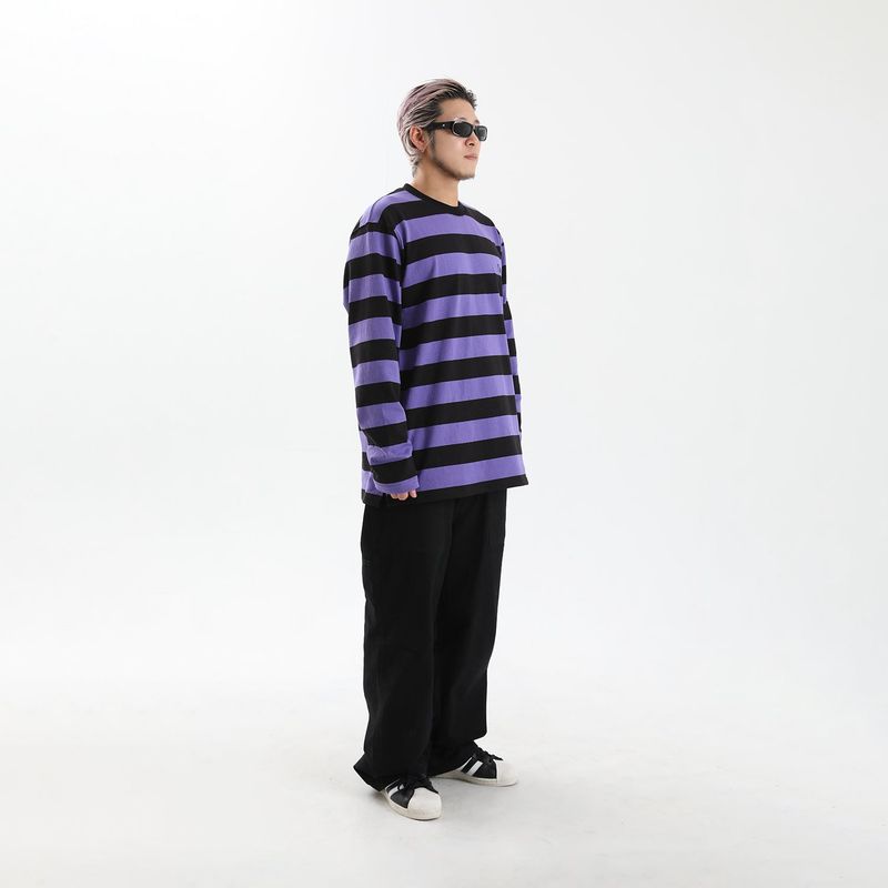 Striped Round Long Sleeve T-Shirts BK/PU