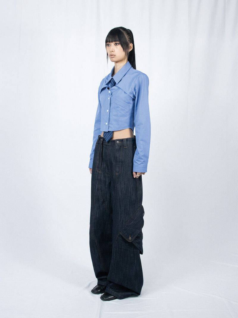 Crop Double Collar Shirts (Sky Blue)