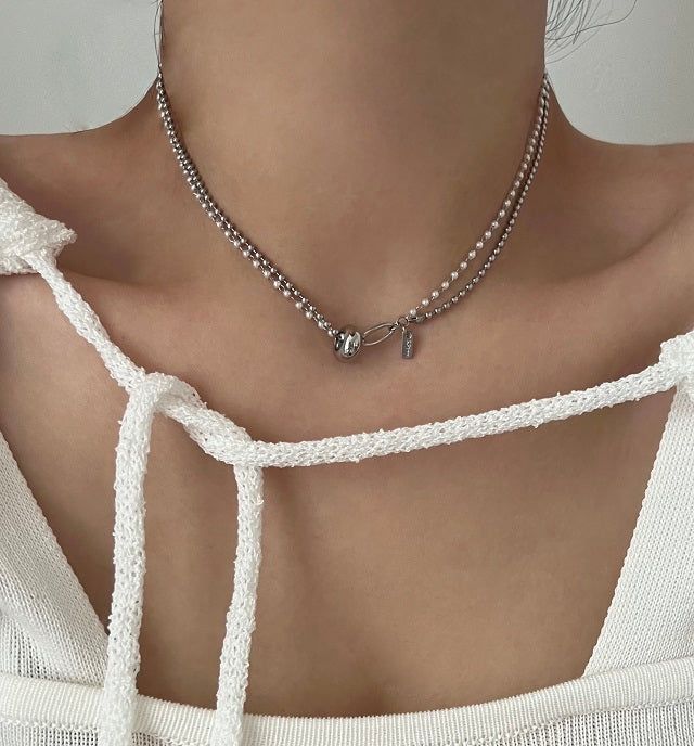 Acer rojo(アセルロジョ)の「um Pearl Stainless Steel Two Lines Hip Bold Ball Layered Short Choker Wedding Necklace(Accessories)」