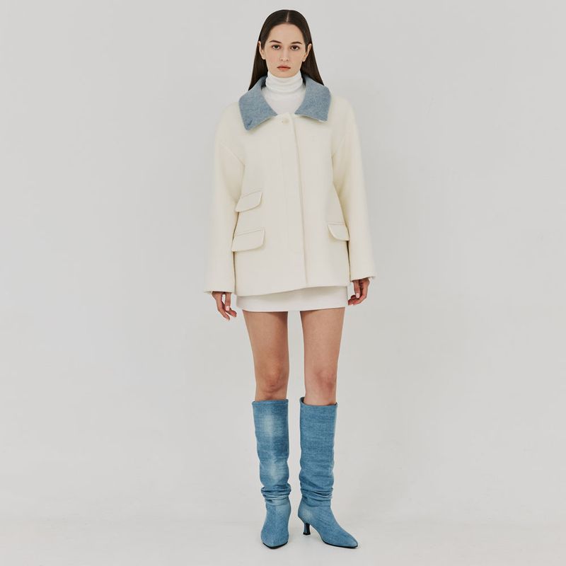 HERRINGBONE HIGH-NECK HALF COAT (IVORY)