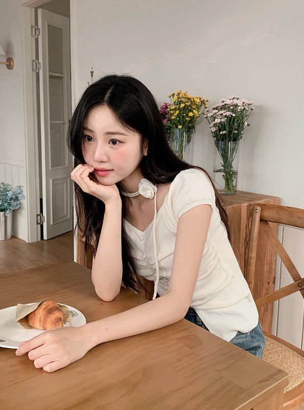 #Rose Off Shoulder Slit Short Sleeve Knit (3color)