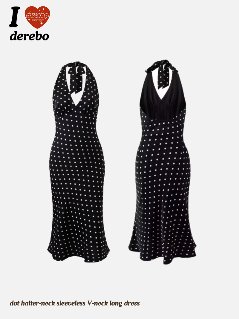 dot halter-neck sleeveless V-neck long dress