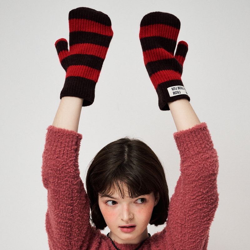 STRIPE MITTENS, RED+BROWN