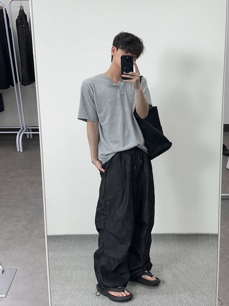 ワッフルヘンリーネックハーフTシャツ