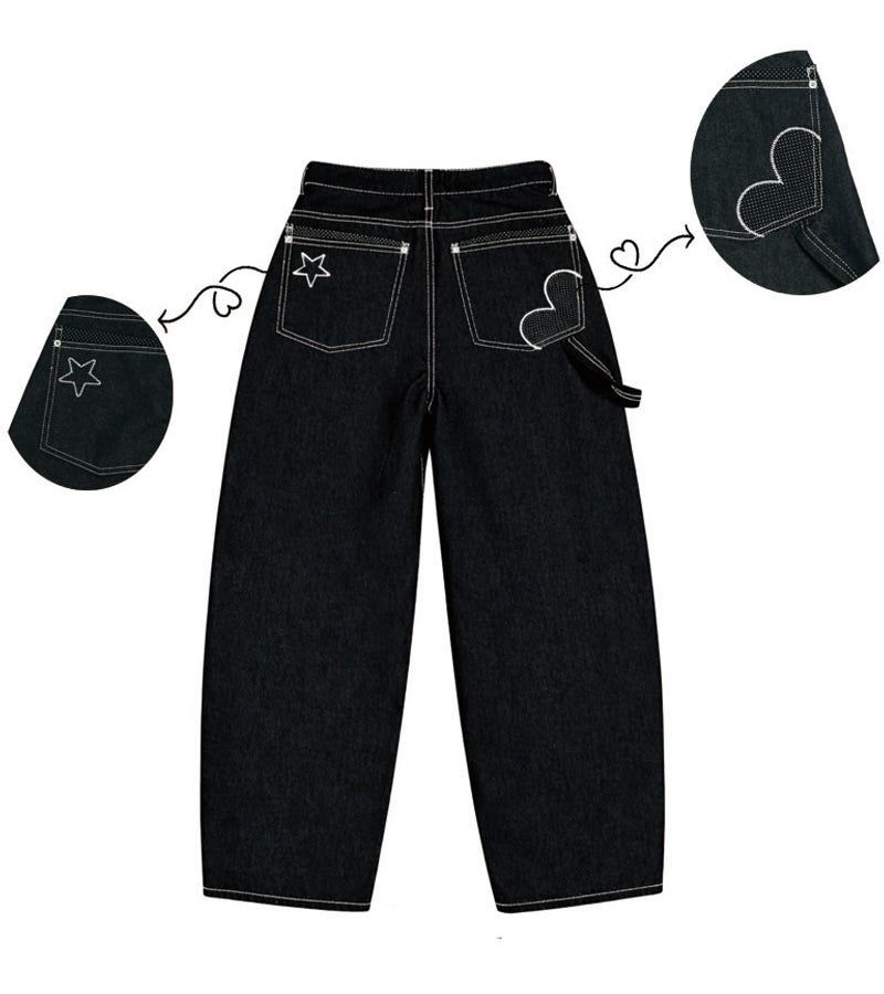 Star stitch balloon wide denim pants