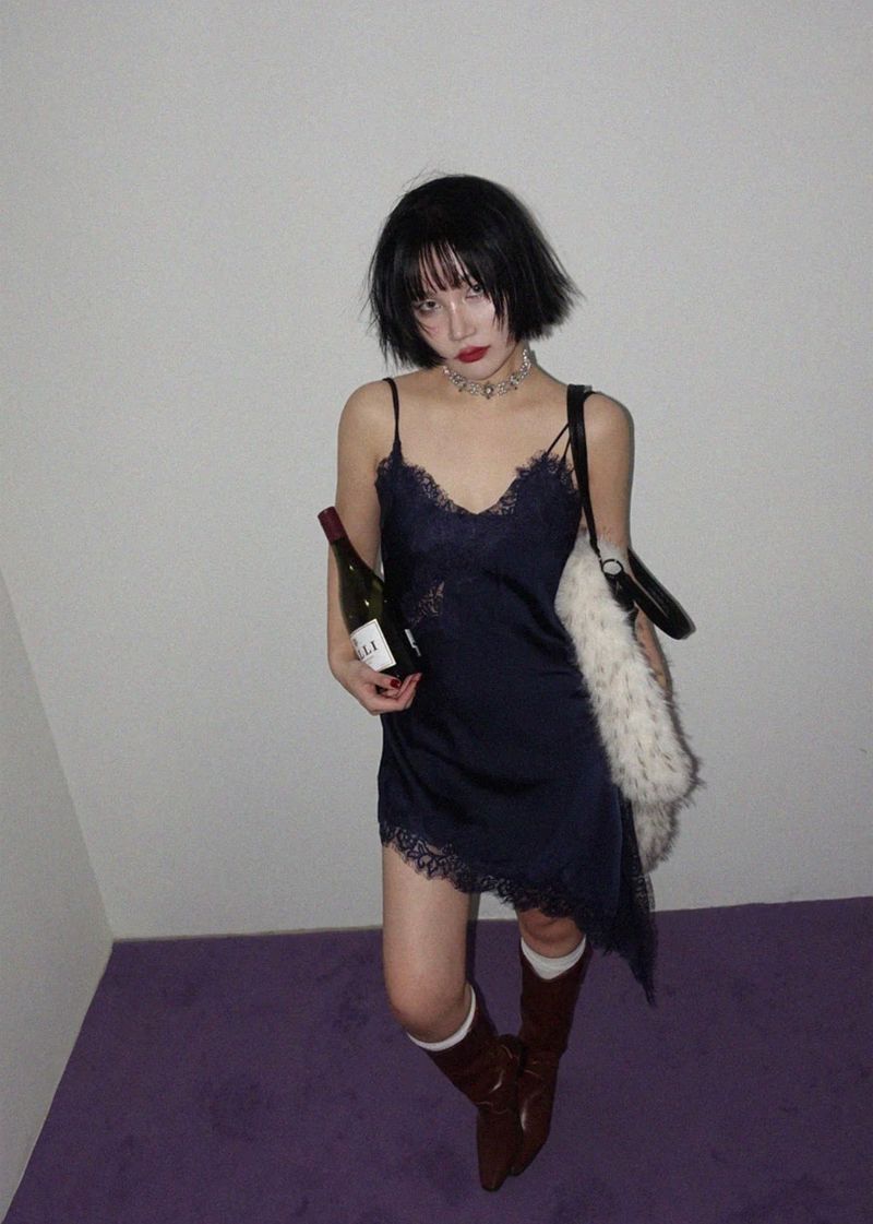 LACE SATIN UNBALANCE SLIP MINI DRESS (NAVY)