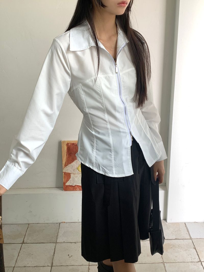 Philty strap cut-out zipper collar zip-up shirt jacket