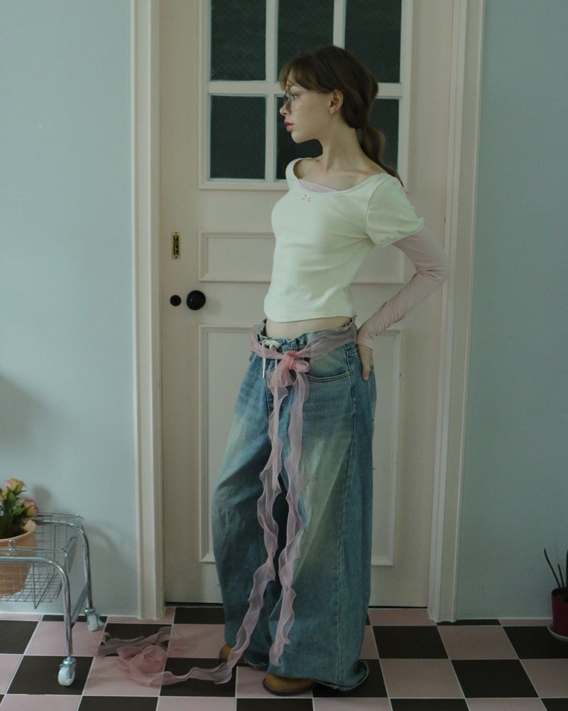 Puff lace layered top / cream