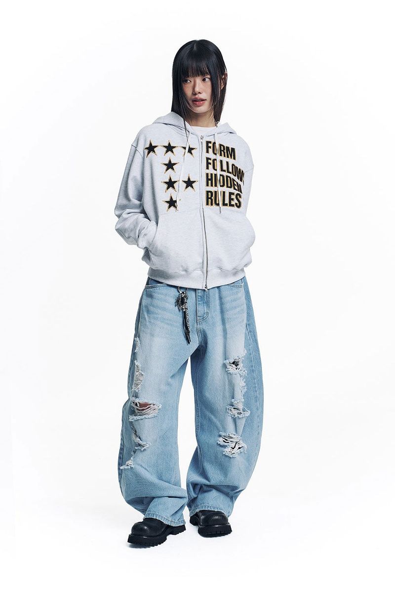 Star Lettering Patch Hoodie Zip-Up - White