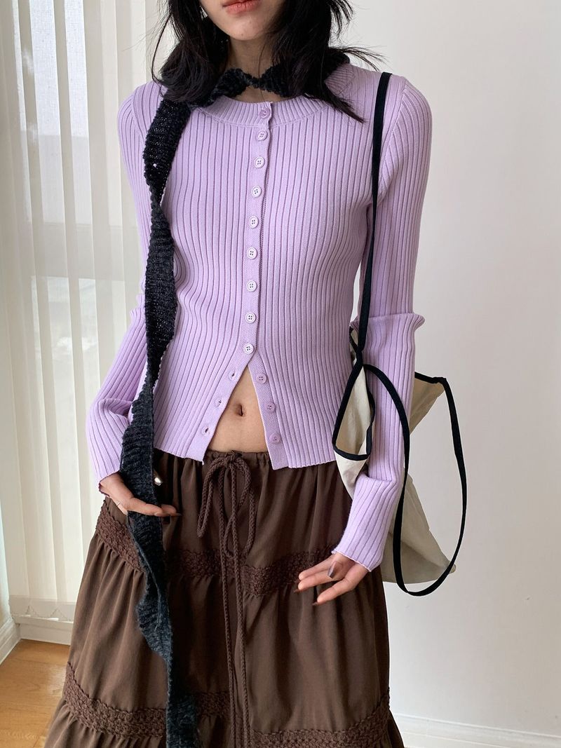 Color Round Neck Ribbed Button Cardigan