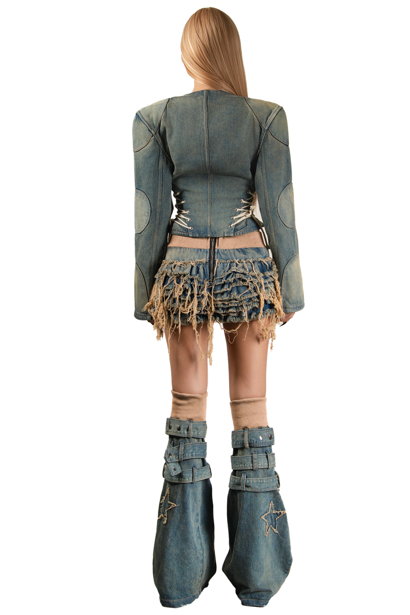 POP Distressed Layered Denim Mini Skirt