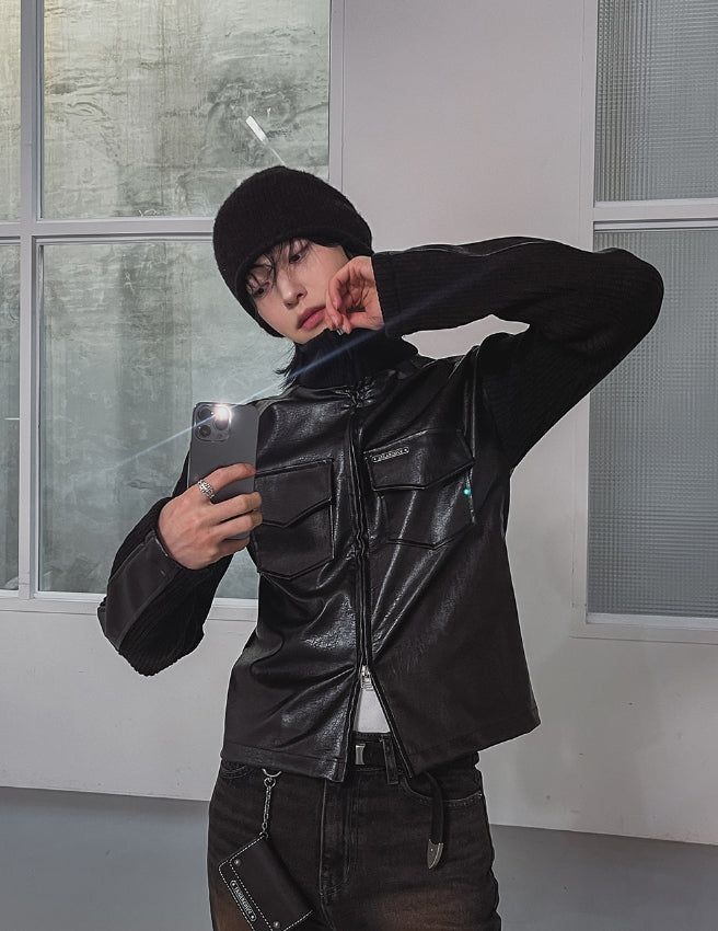 [LANARCH] Amber Leather Pocket Neck Zip-Up