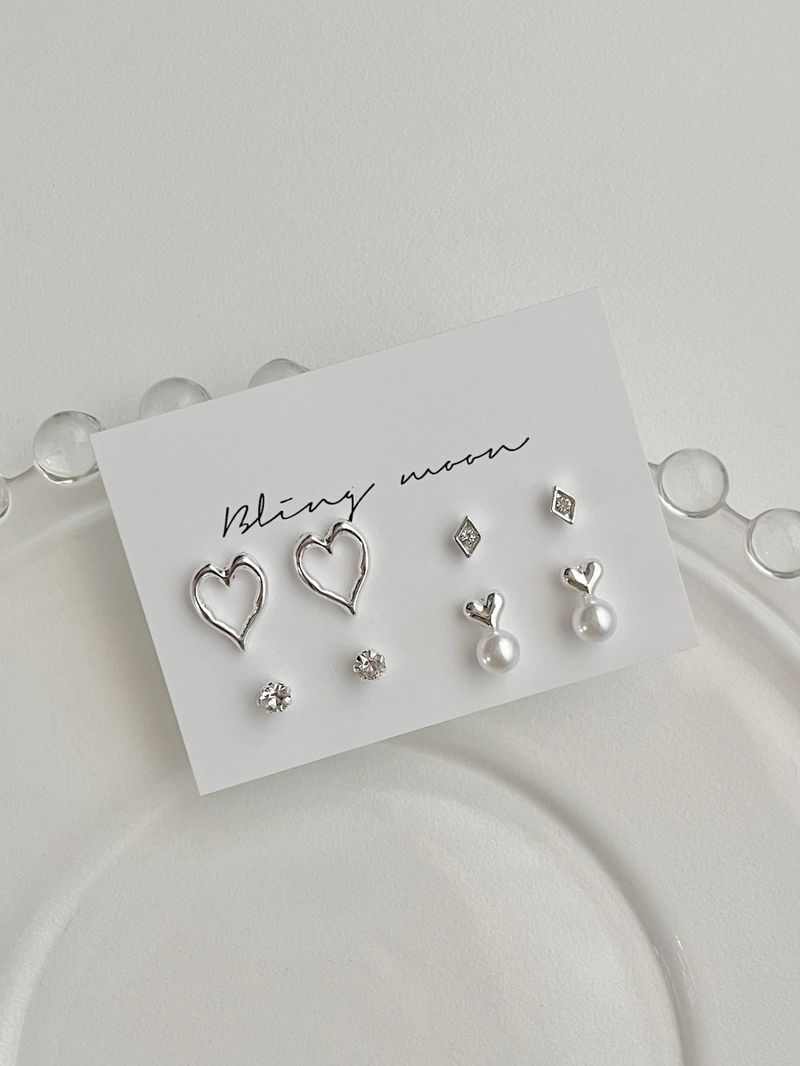 [4 set] lovely heart pearl earrings set 