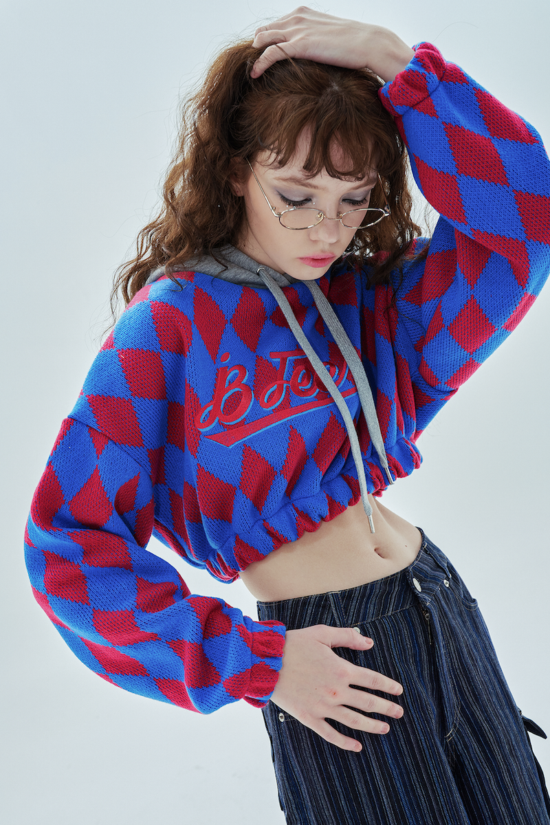 big logo argyle crop hood_pink&blue