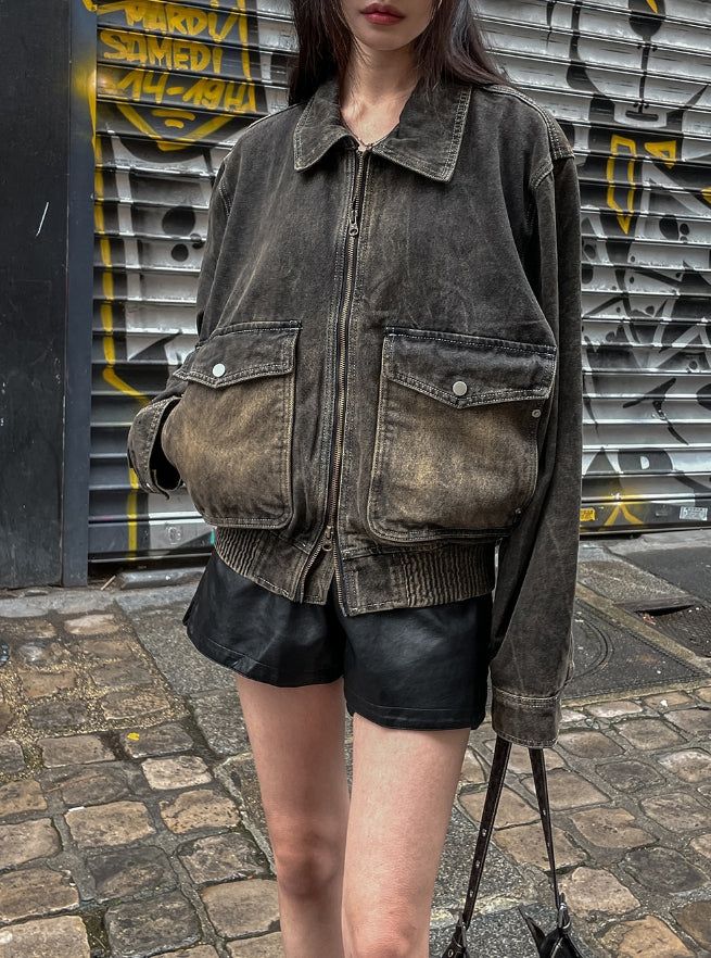 Vintage washed balloon collar denim jacket